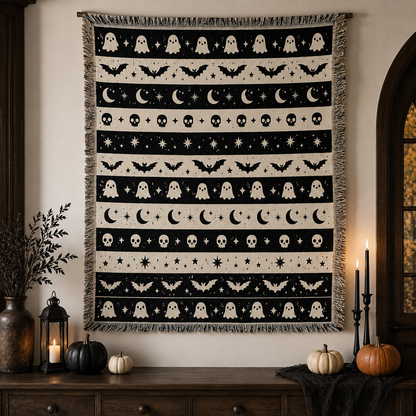 Black and ivory ghost bat Halloween woven blanket displayed as seasonal wall tapestry decor