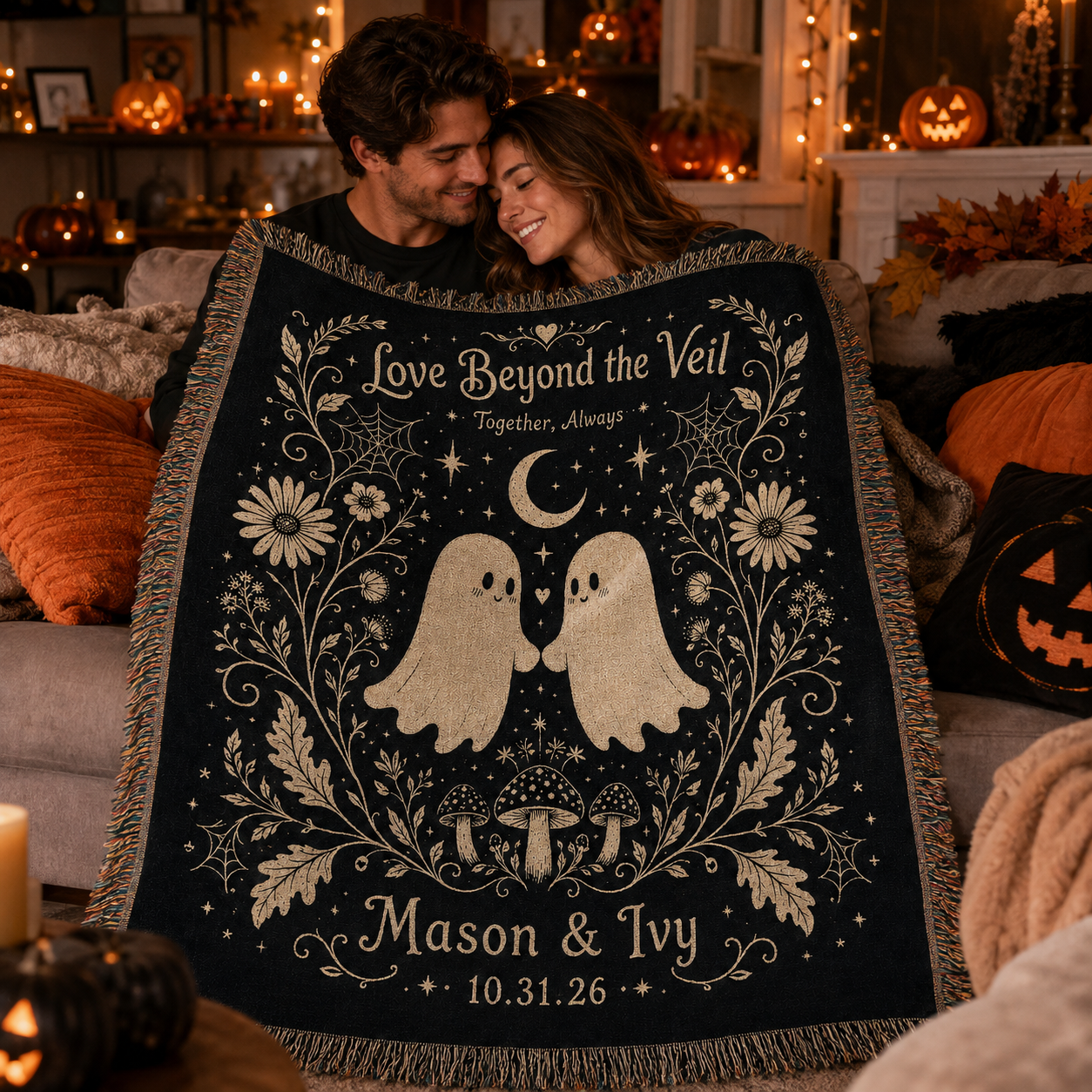 Couple sharing a personalized ghost Halloween woven blanket