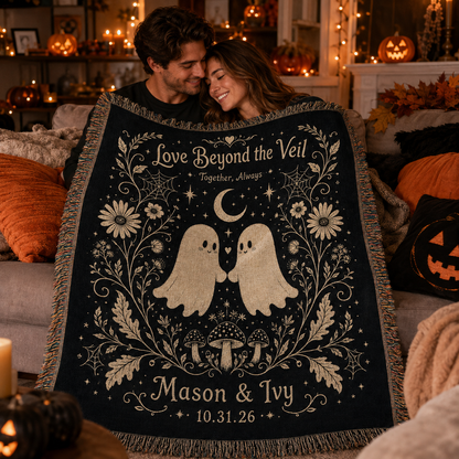 Couple sharing a personalized ghost Halloween woven blanket
