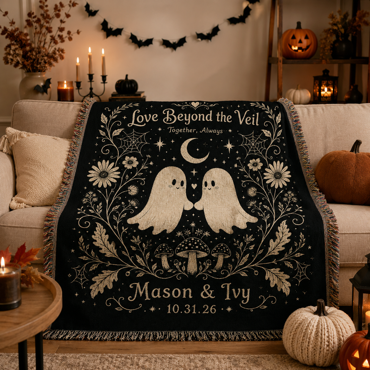 Ghost couple Halloween woven blanket displayed on a cozy sofa