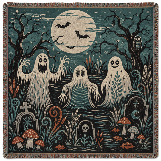 Ghost graveyard Halloween woven blanket with full moon, bats, mushrooms and fringe