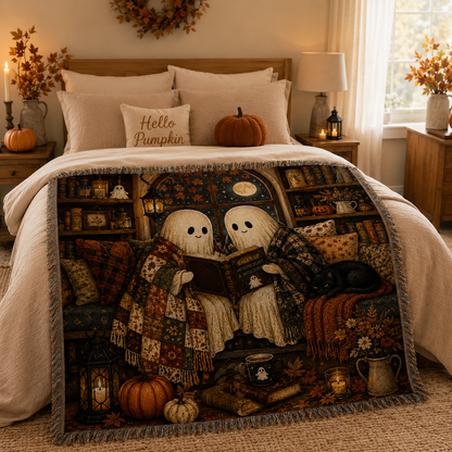 Ghost reading Halloween woven blanket displayed at the foot of a cozy autumn bed