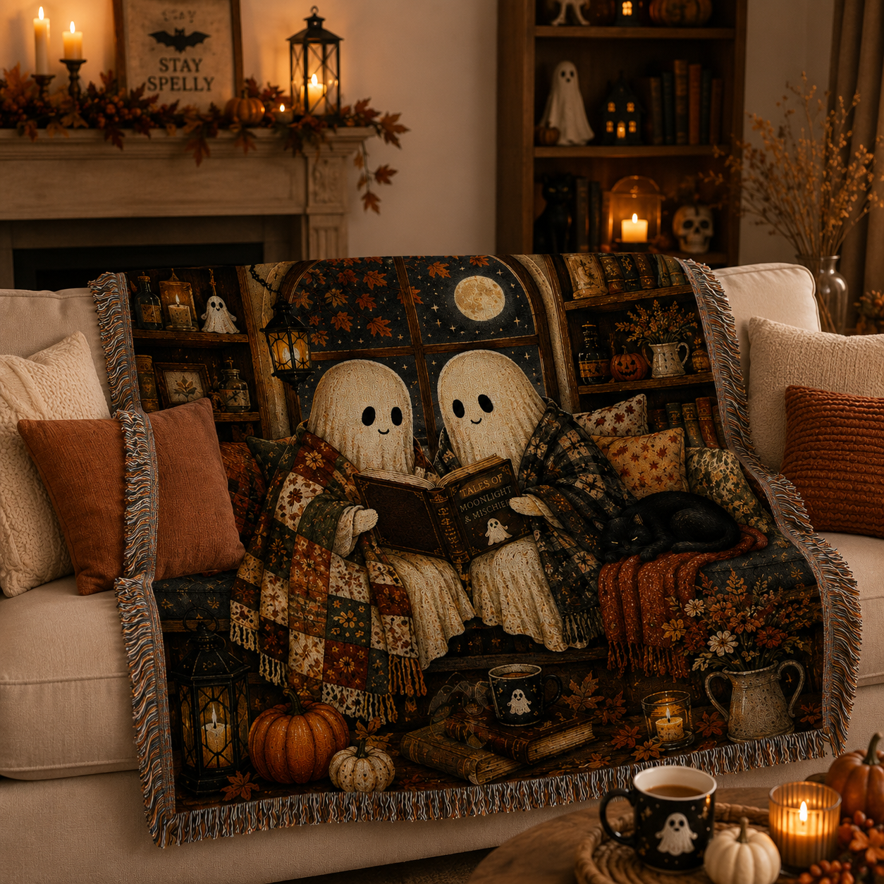 Halloween ghost library woven blanket styled on a cozy living room sofa