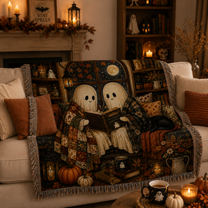 Halloween ghost library woven blanket styled on a cozy living room sofa