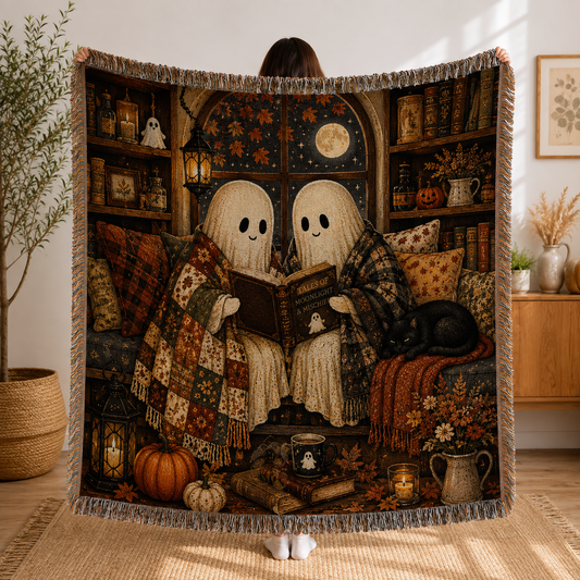 Ghost library Halloween woven blanket with two friendly ghosts reading under the moon