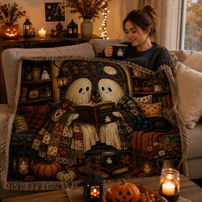 Woman enjoying a cozy Halloween movie night with a ghost library woven blanket