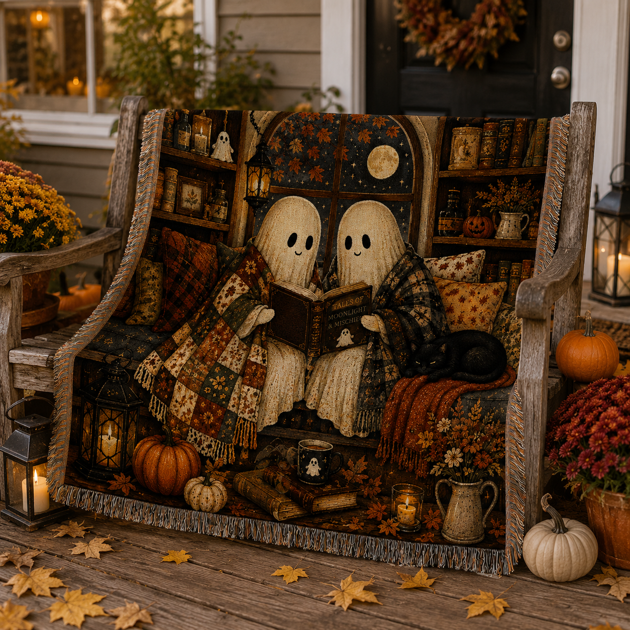 Halloween ghost library woven blanket styled on an autumn porch bench