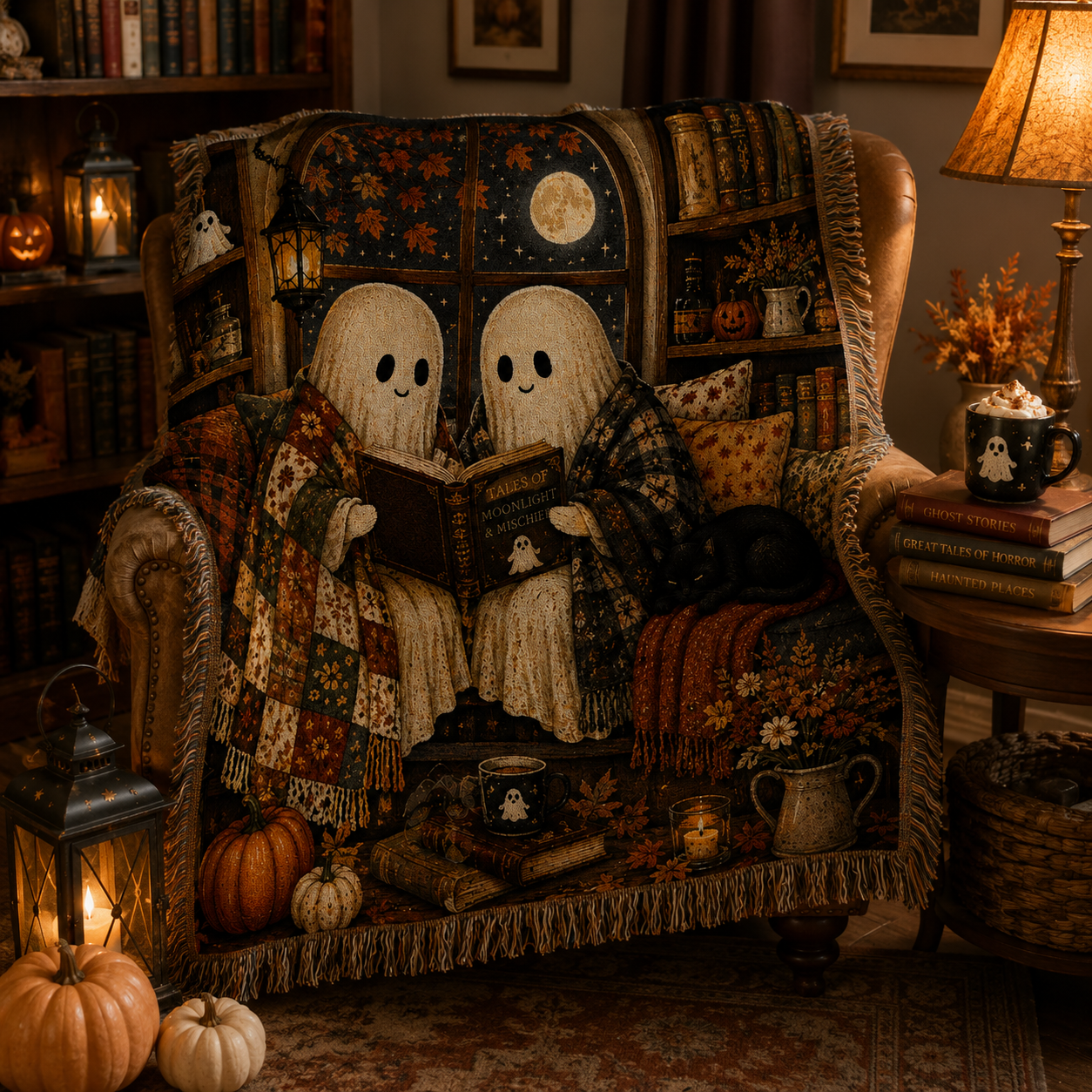 Cozy ghost story Halloween woven blanket draped over a reading chair