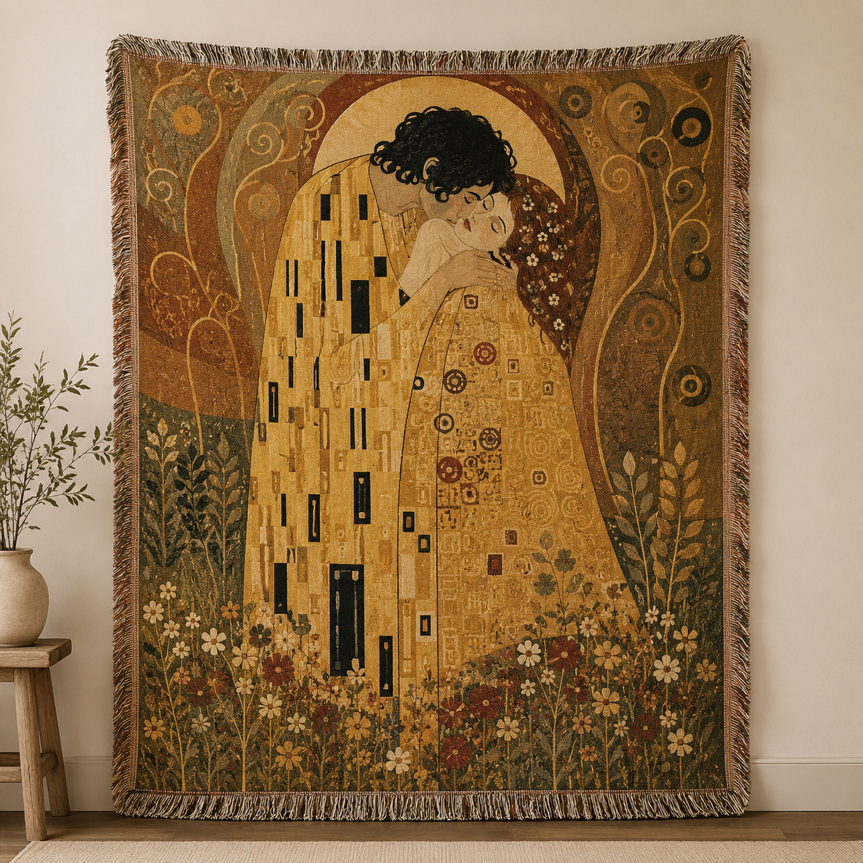 Golden Embrace Art Nouveau woven blanket with romantic couple and floral tapestry design