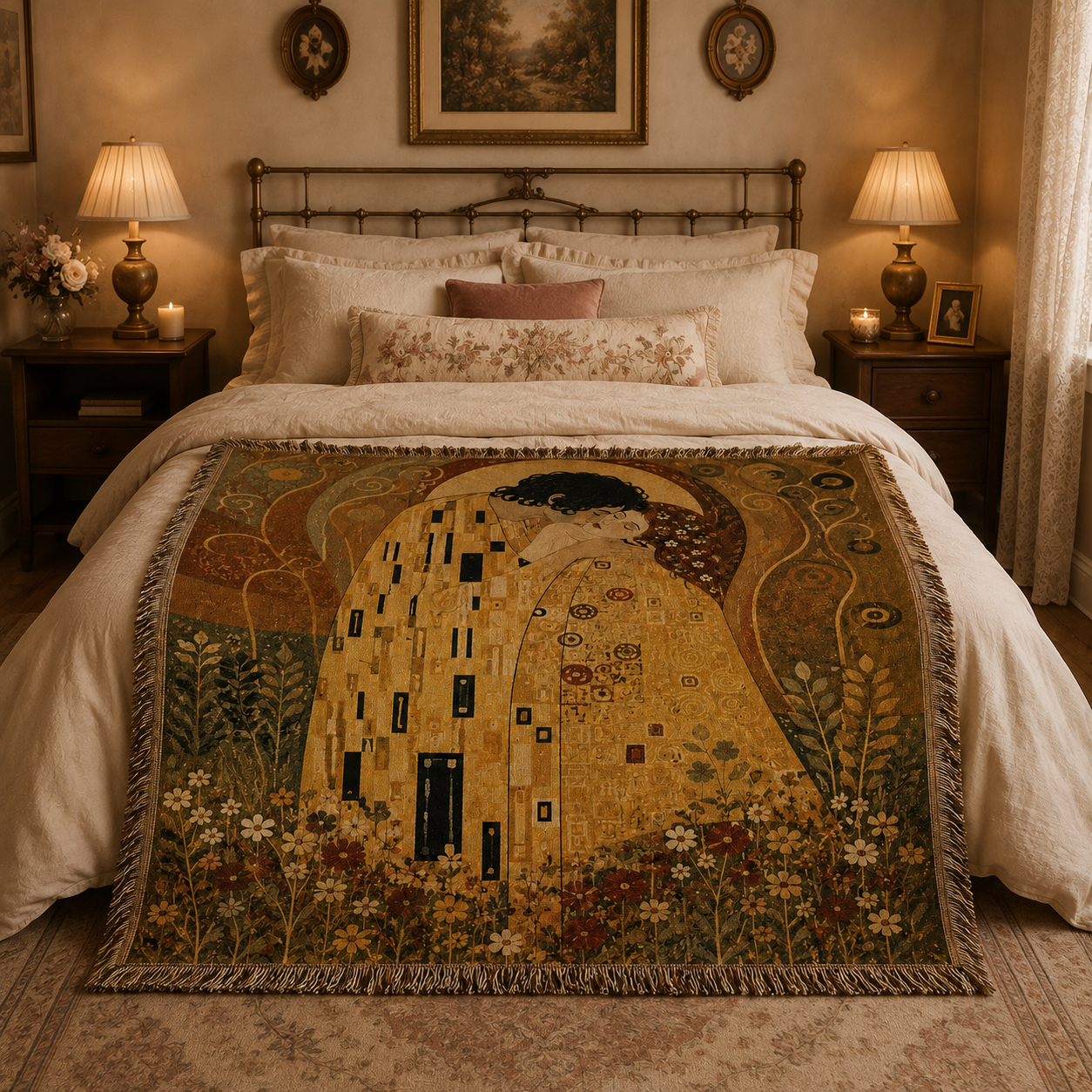 Romantic Art Nouveau woven blanket styled across the foot of an elegant bedroom bed
