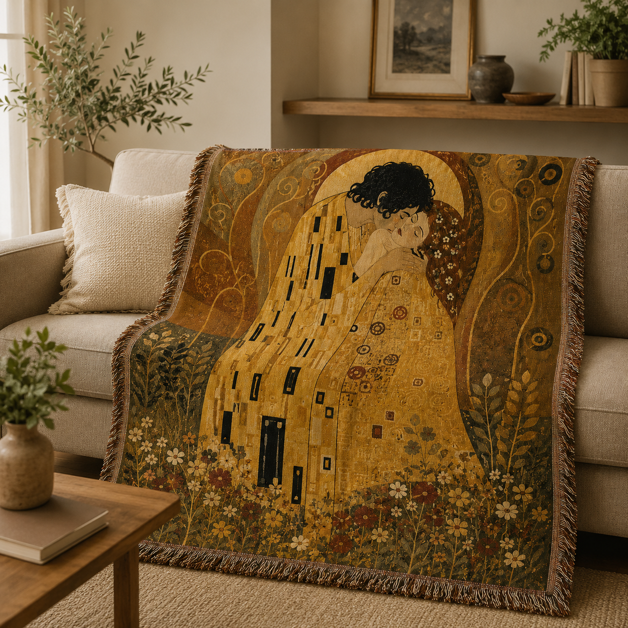 Golden Embrace woven blanket draped over a neutral sofa in a warm living room