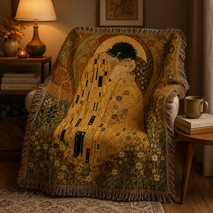 Golden romantic tapestry blanket displayed on an armchair in a cozy reading nook