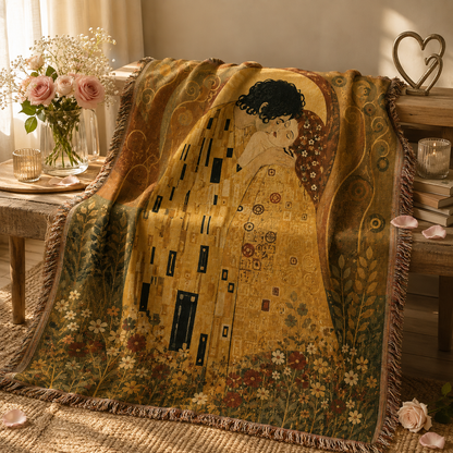 Golden Embrace Art Nouveau woven blanket styled with flowers and romantic home decor