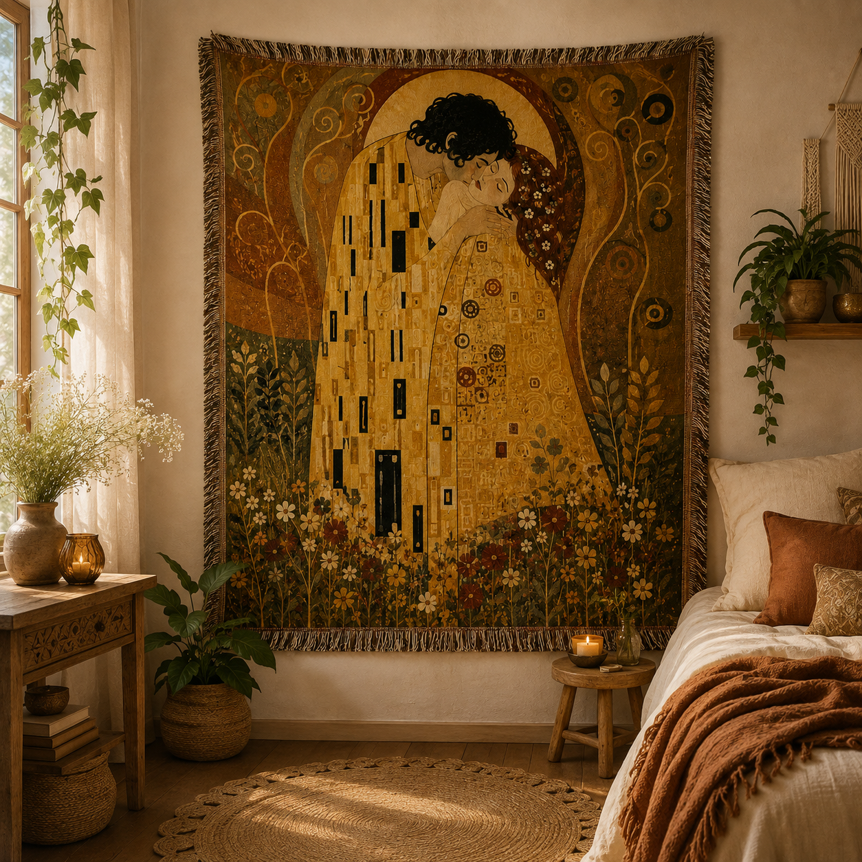Golden Embrace woven blanket displayed as romantic Art Nouveau wall tapestry decor