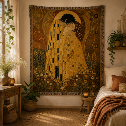 Golden Embrace woven blanket displayed as romantic Art Nouveau wall tapestry decor