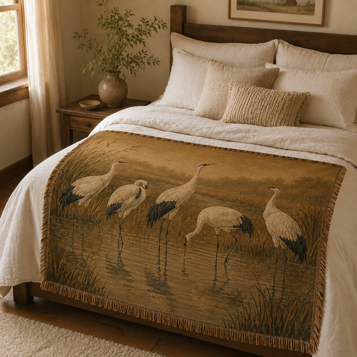 Crane wetland tapestry blanket styled across a warm rustic bedroom bed