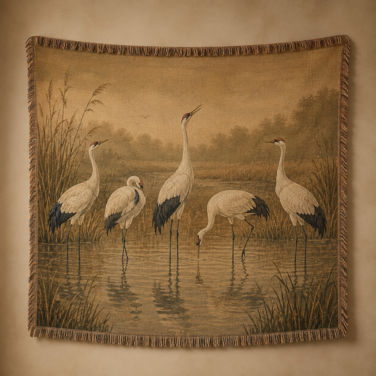 Golden marsh cranes woven blanket with vintage wetland bird artwork and fringe