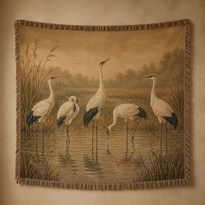 Golden marsh cranes woven blanket with vintage wetland bird artwork and fringe
