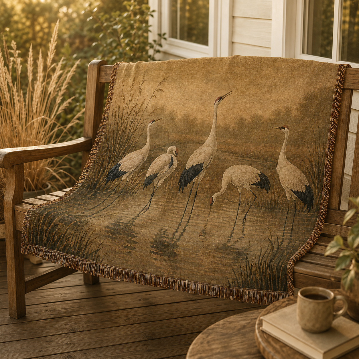 Crane marsh woven blanket styled on a wooden porch bench at golden hour