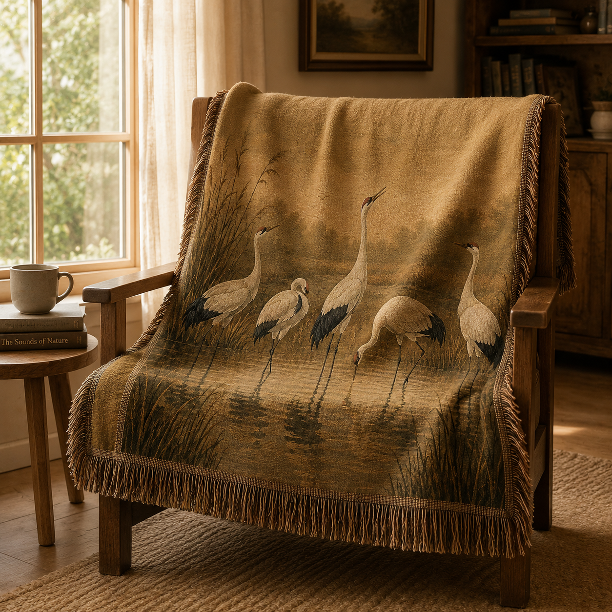 Golden crane woven tapestry blanket draped over a rustic reading chair