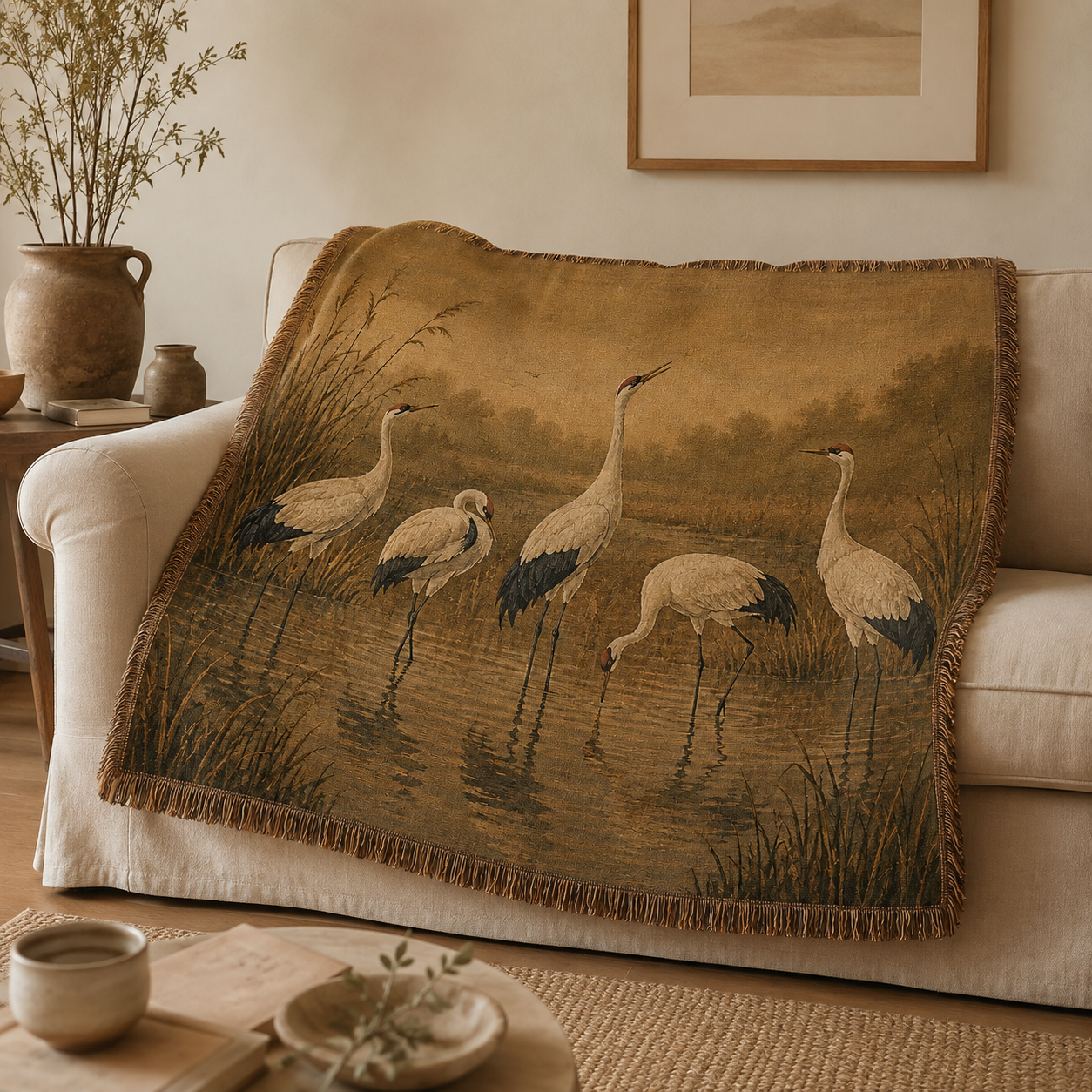 Vintage crane marsh woven blanket draped over a cream living room sofa