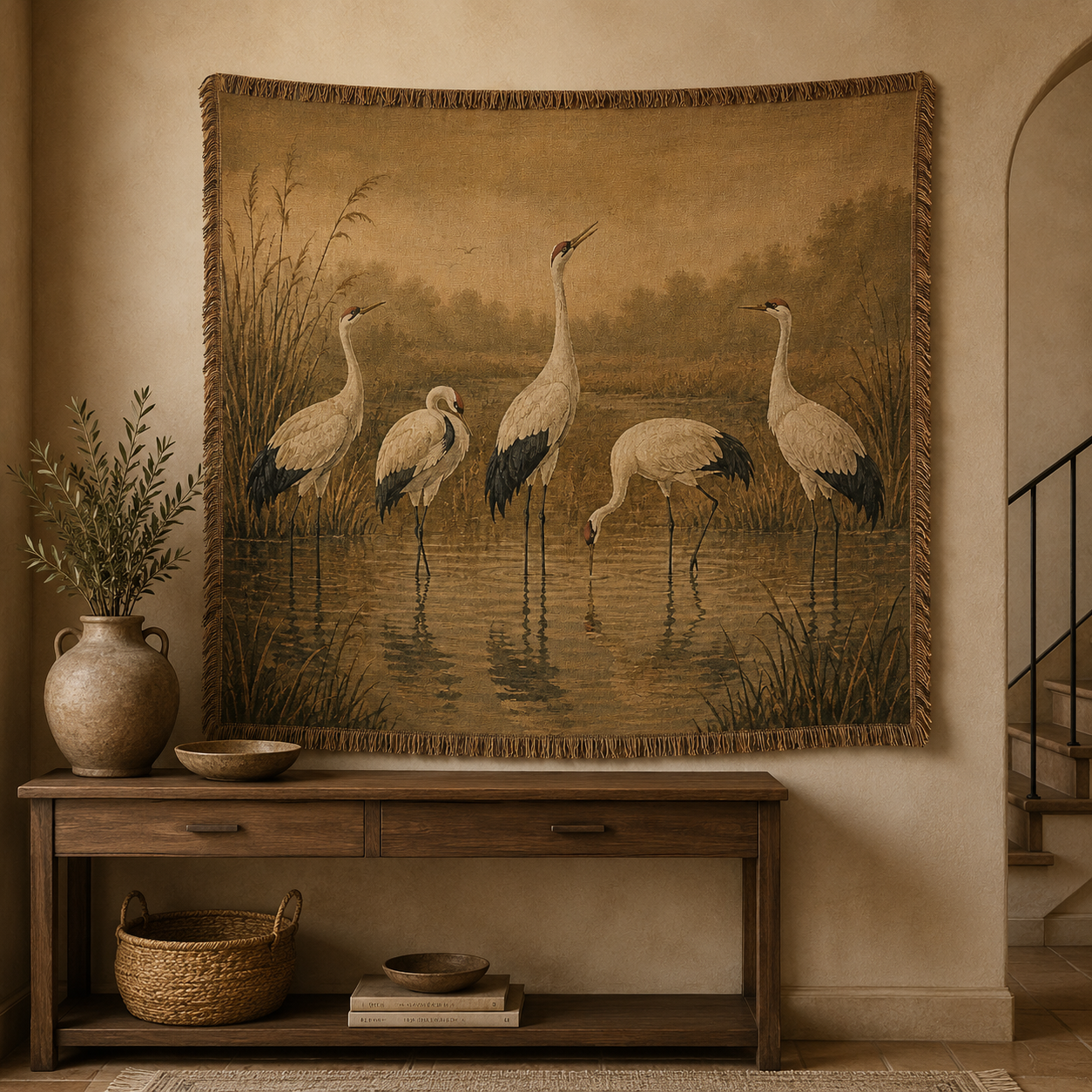 Vintage crane marsh woven blanket displayed as elegant textile wall art