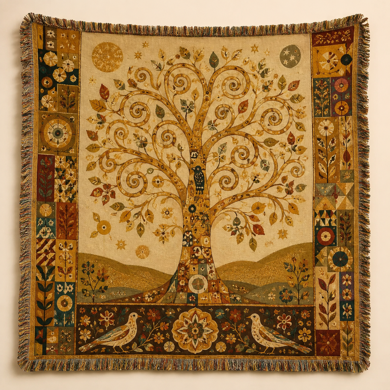 Golden Tree of Life woven blanket with spiral branches, mosaic border and decorative fringe