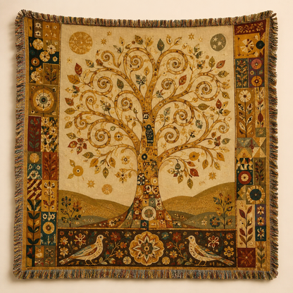 Golden Tree of Life woven blanket with spiral branches, mosaic border and decorative fringe