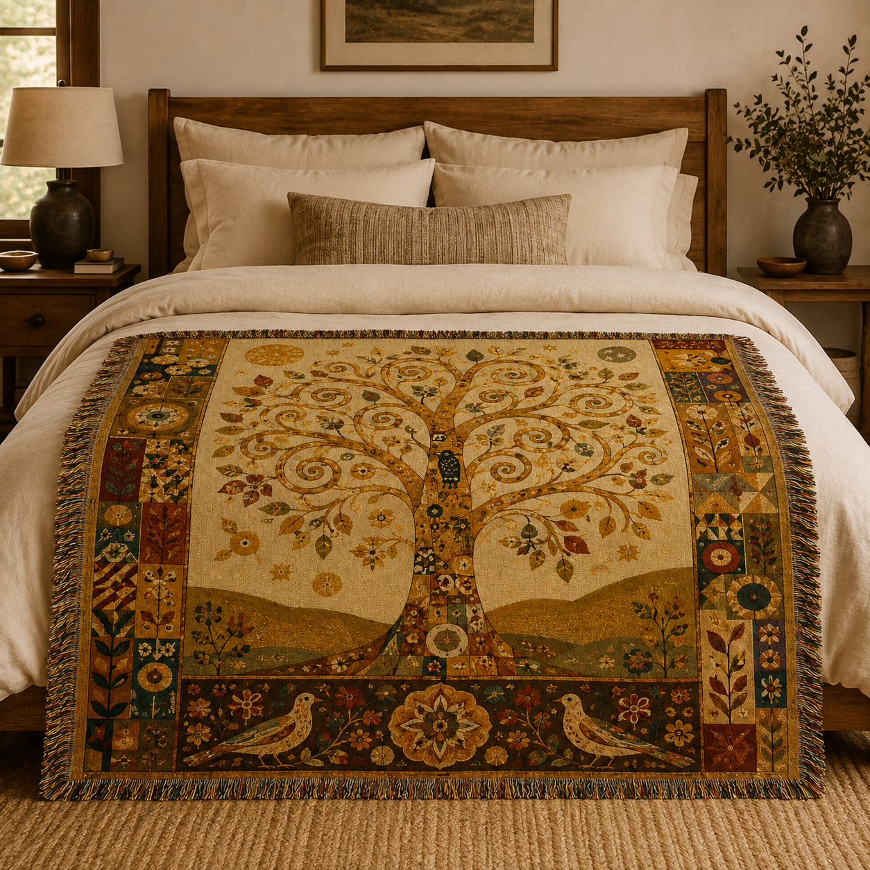 Golden Tree of Life woven blanket styled across the foot of a warm neutral bed