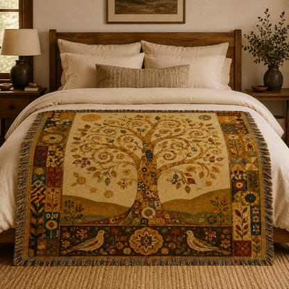 Golden Tree of Life woven blanket styled across the foot of a warm neutral bed