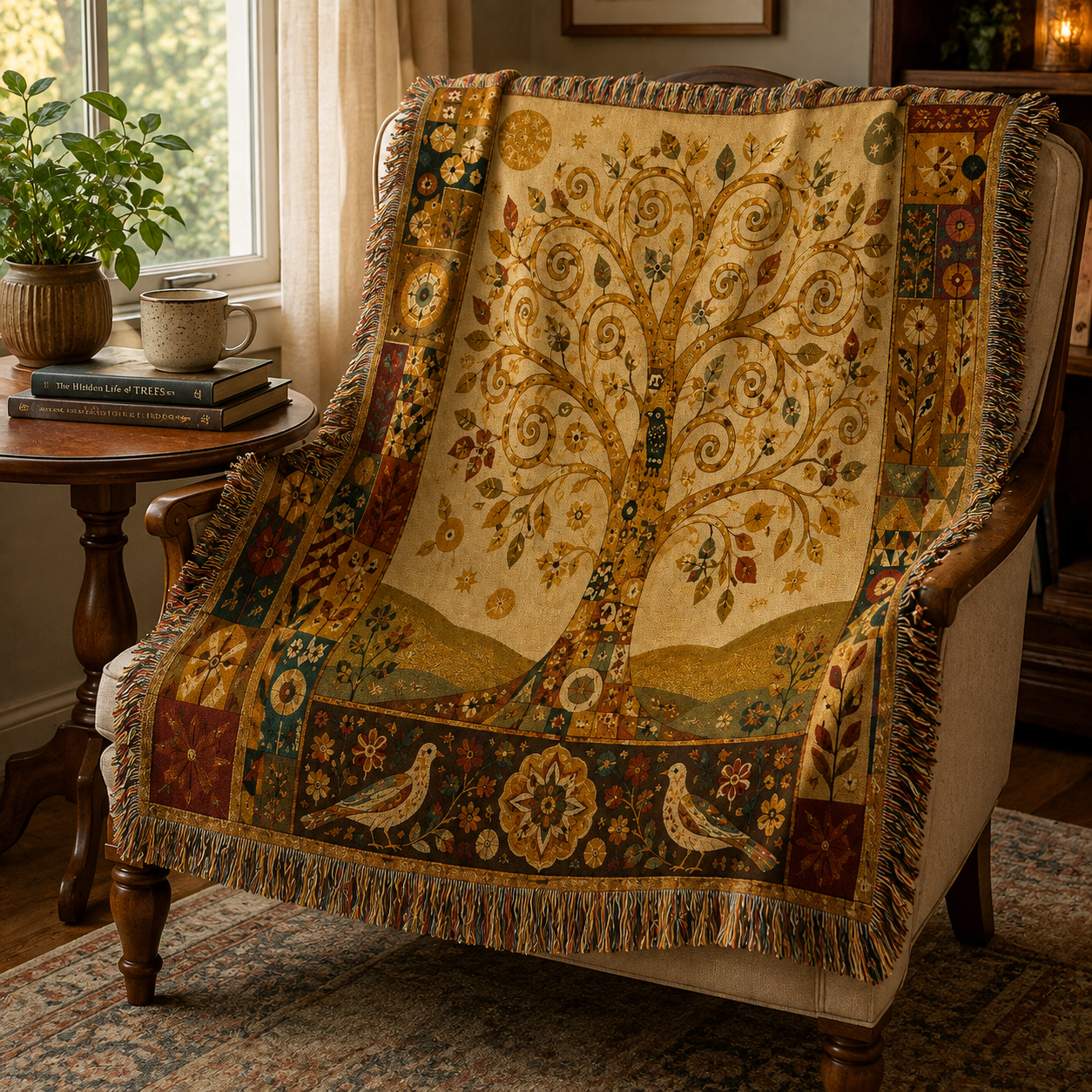 Golden Tree of Life woven blanket draped over an armchair in a cozy reading nook