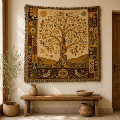 Golden Tree of Life woven wall tapestry hanging above a rustic wooden entryway bench
