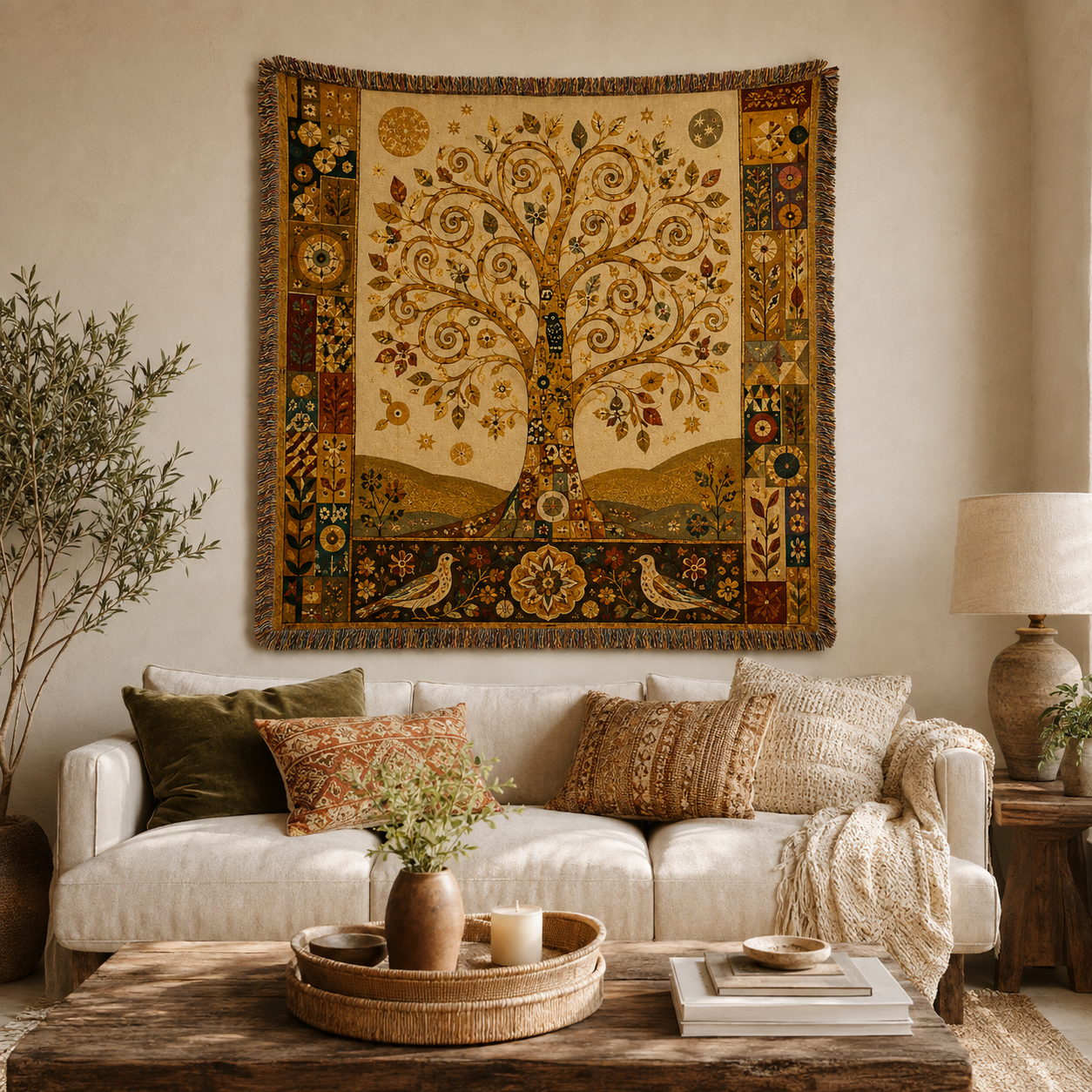 Golden Tree of Life woven tapestry displayed above a neutral boho living room sofa
