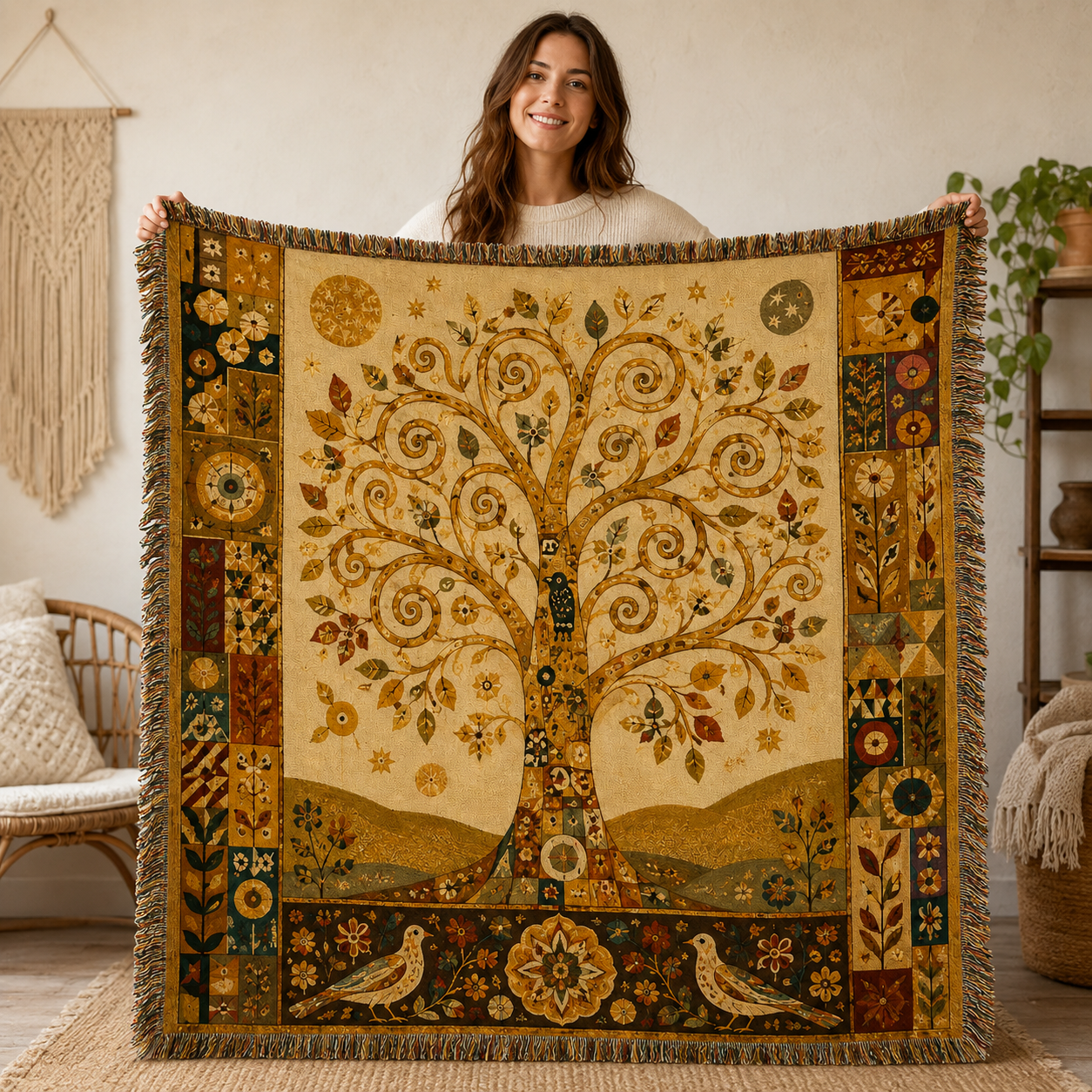 Woman holding a Golden Tree of Life woven blanket with patterned borders and fringe