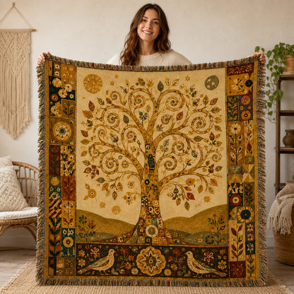 Woman holding a Golden Tree of Life woven blanket with patterned borders and fringe