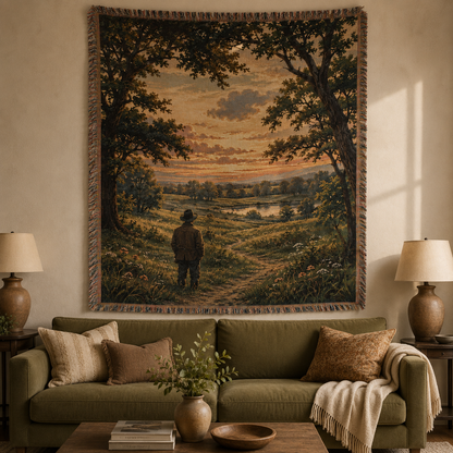 Golden Valley Wanderer woven blanket displayed as wall tapestry in living room