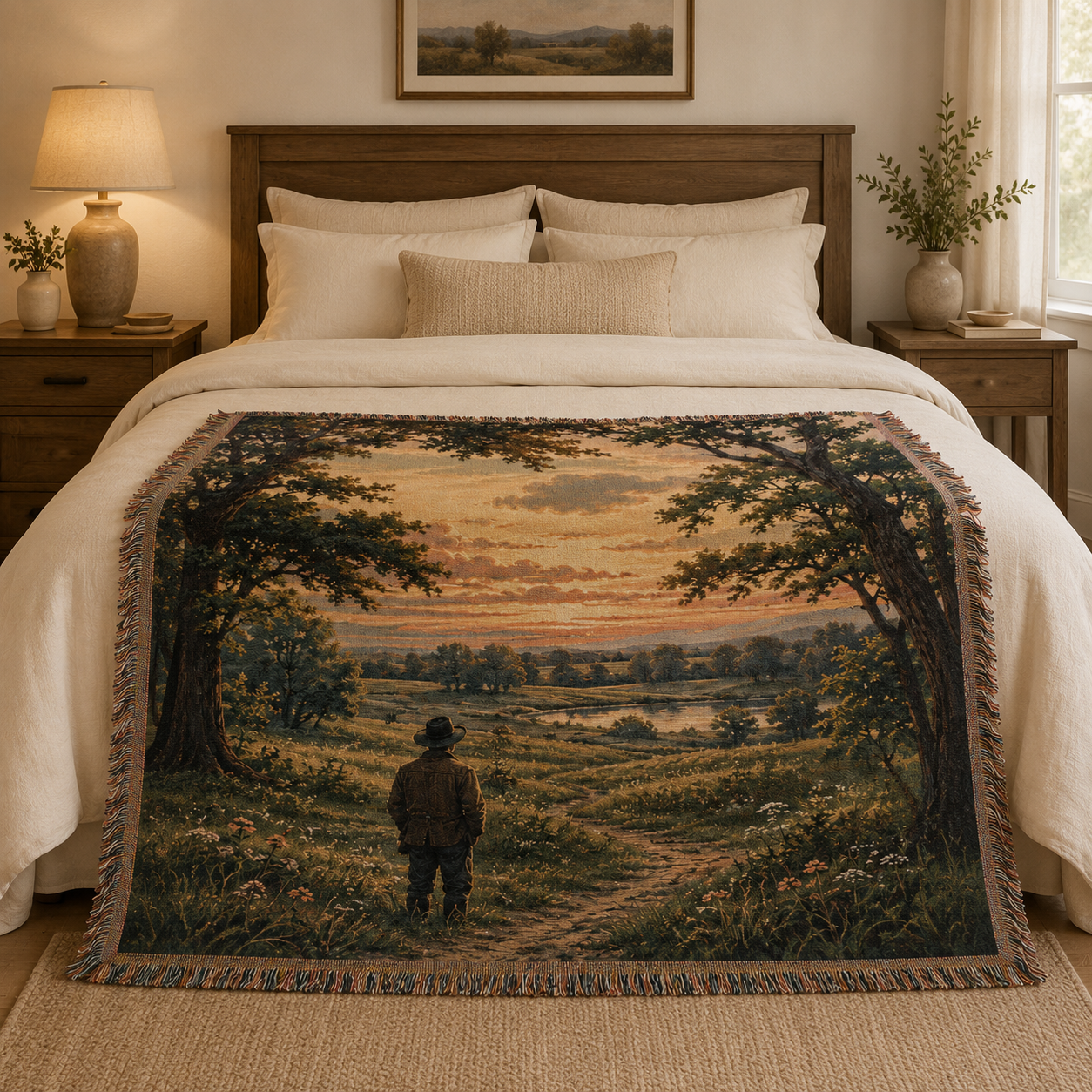 Golden Valley Wanderer woven blanket styled across a warm rustic bed