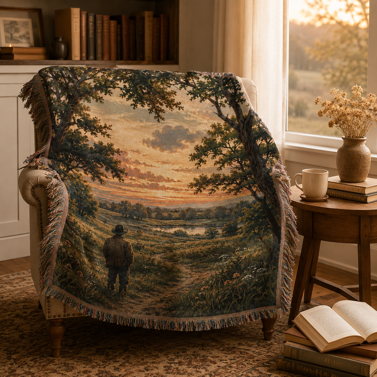 Golden Valley Wanderer woven blanket styled in a golden reading nook