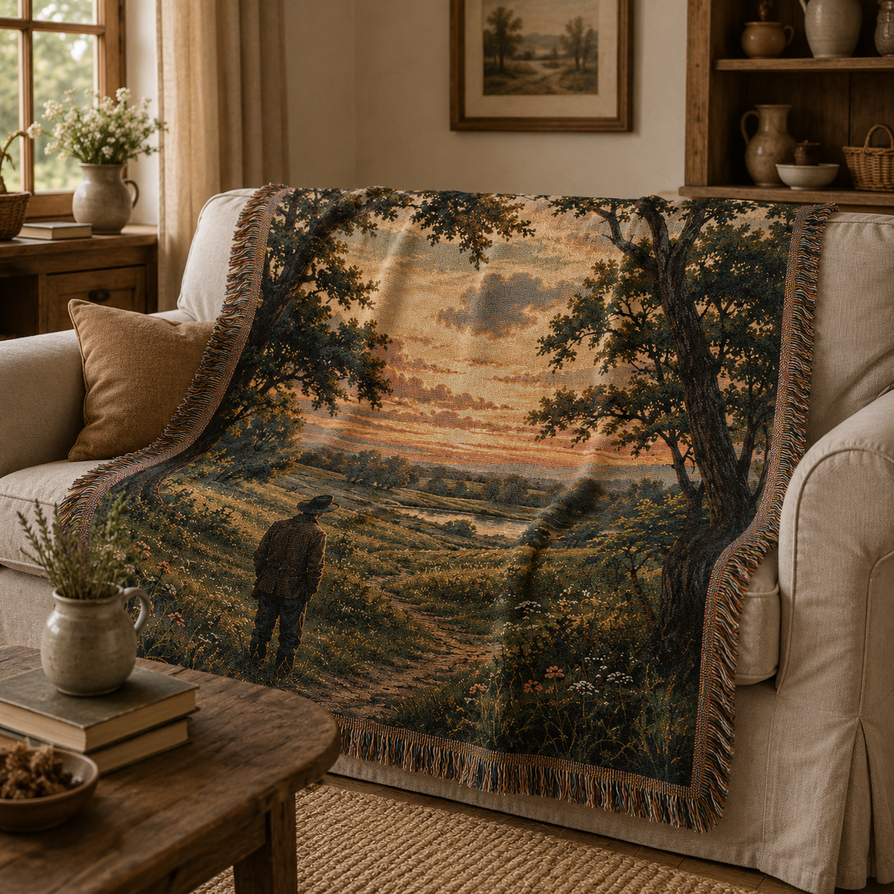 Golden Valley Wanderer woven blanket styled on a rustic sofa