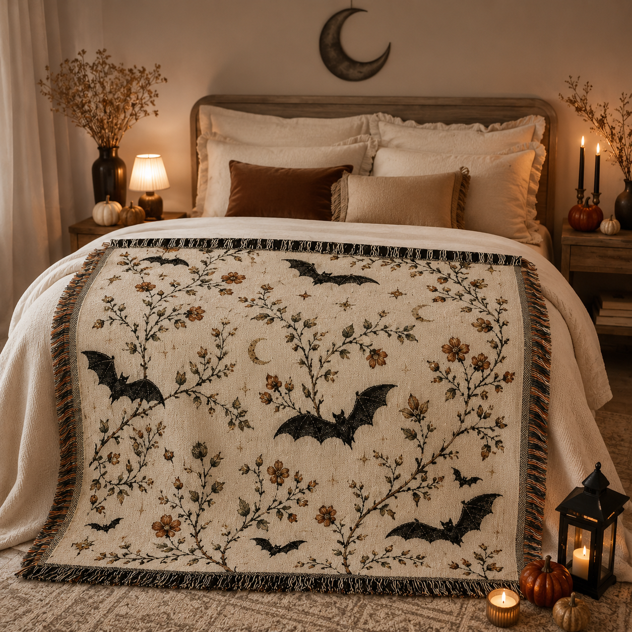 Gothic botanical bat woven blanket displayed across a Halloween bedroom