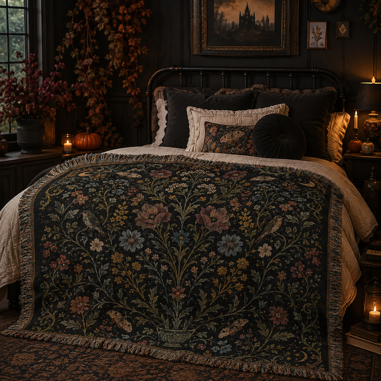 Gothic botanical Halloween woven blanket styled across a moody autumn bedroom bed