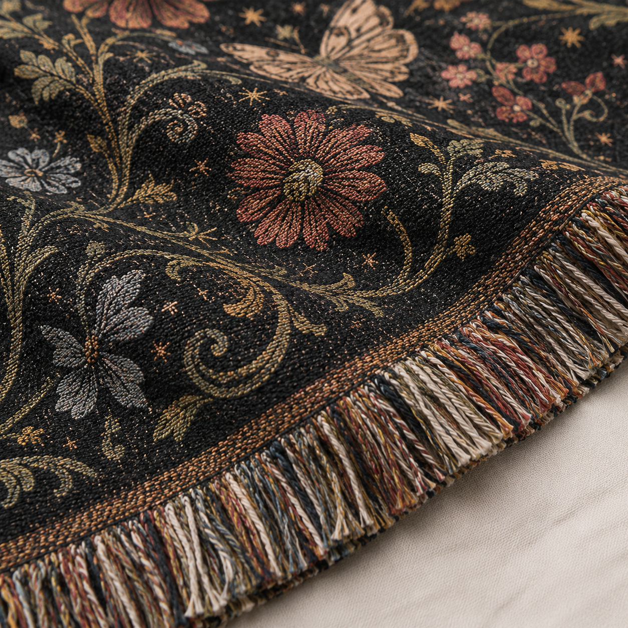 Macro close-up of gothic botanical Halloween woven blanket showing texture, floral motifs and fringe