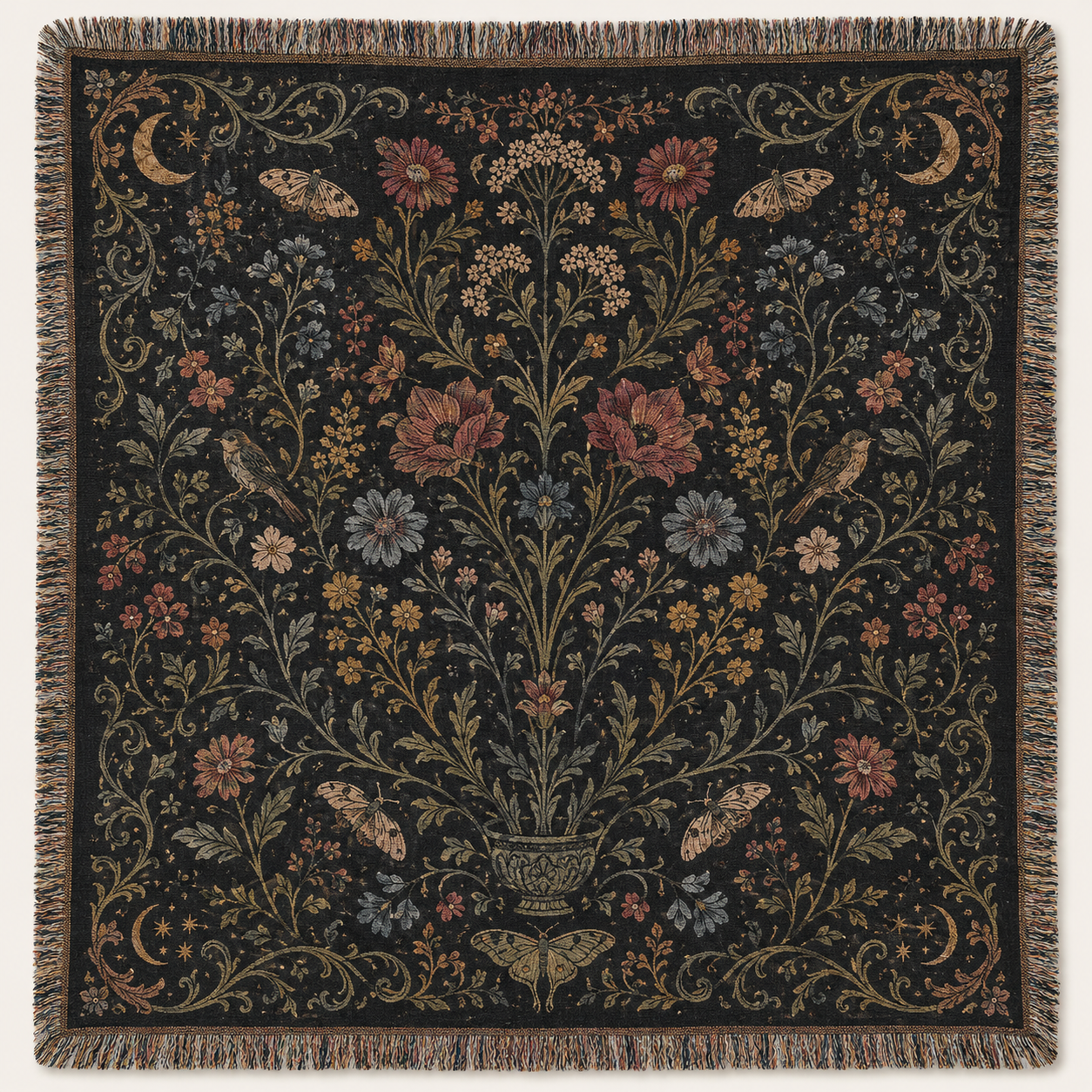 Gothic botanical Halloween woven blanket with wildflowers, moths, crescent moons and fringe