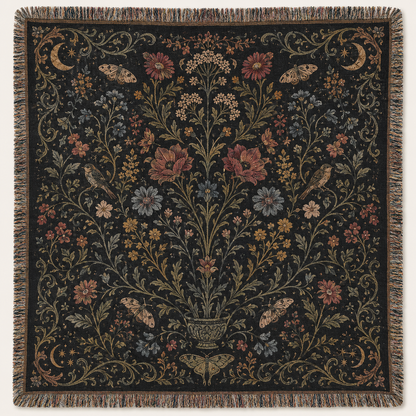 Gothic botanical Halloween woven blanket with wildflowers, moths, crescent moons and fringe