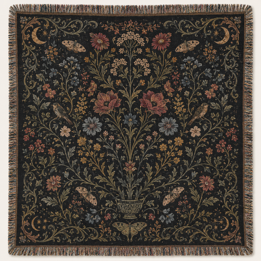 Gothic botanical Halloween woven blanket with wildflowers, moths, crescent moons and fringe