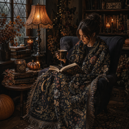Reader wrapped in a soft gothic botanical Halloween woven blanket in a cozy reading nook