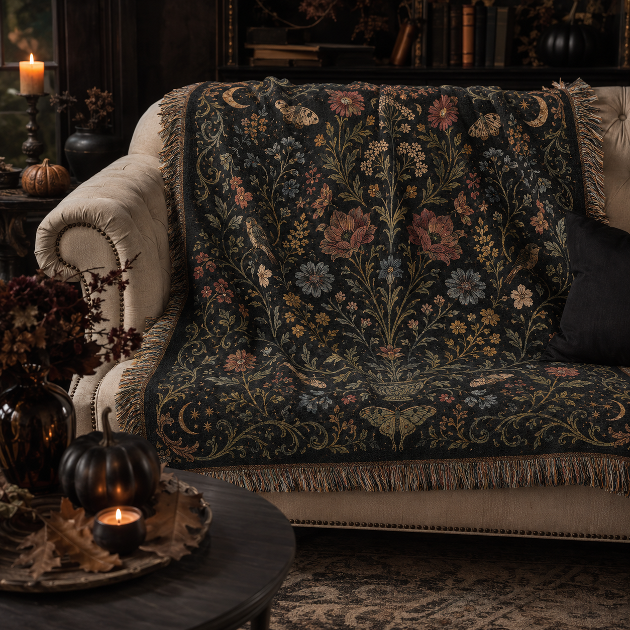 Soft gothic botanical Halloween woven blanket draped over a cozy sofa with fringe