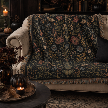 Soft gothic botanical Halloween woven blanket draped over a cozy sofa with fringe