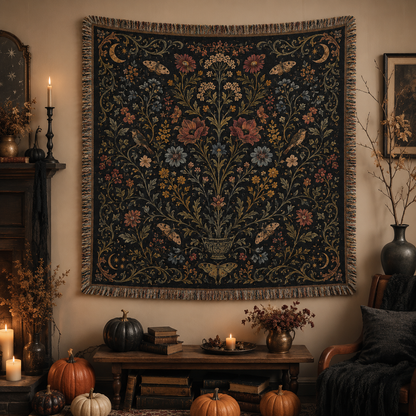 Gothic botanical Halloween woven blanket displayed as elegant seasonal wall decor