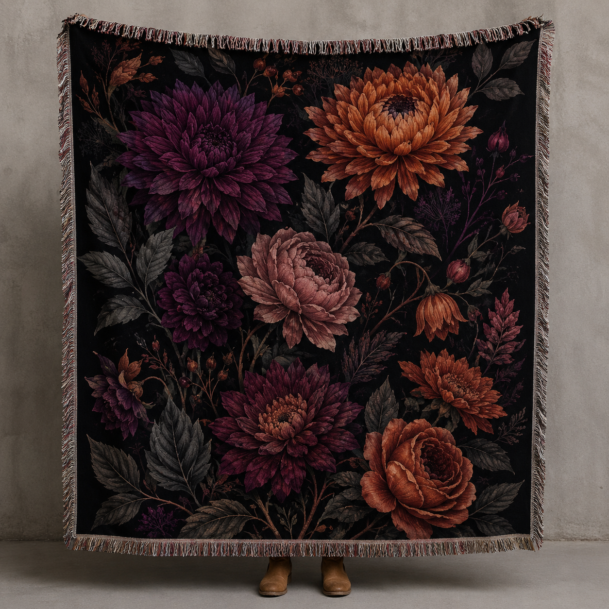 Gothic dark floral woven blanket with burgundy purple and burnt orange chrysanthemums roses and decorative fringe